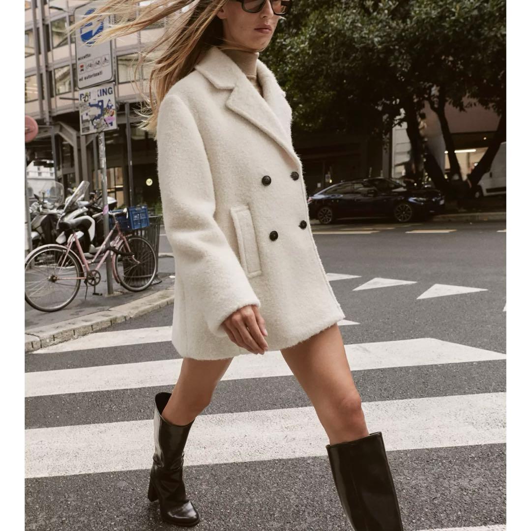 完売品 ZARA ブークレダブルブレストミディ丈コート エクリュ L