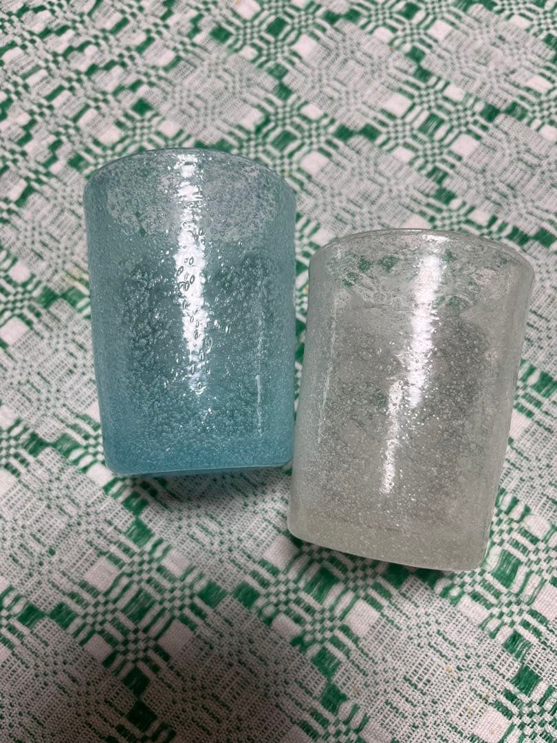 横山秀樹　グラス2個セット　水色　白　吹きガラス　泡