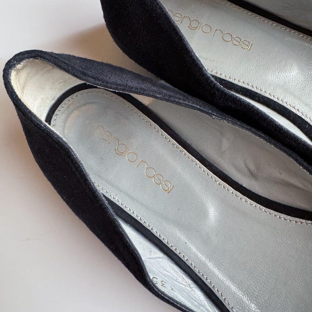 美品 裏張り済 セルジオロッシ スウェードフラット シューズ 黒 37 バレエ