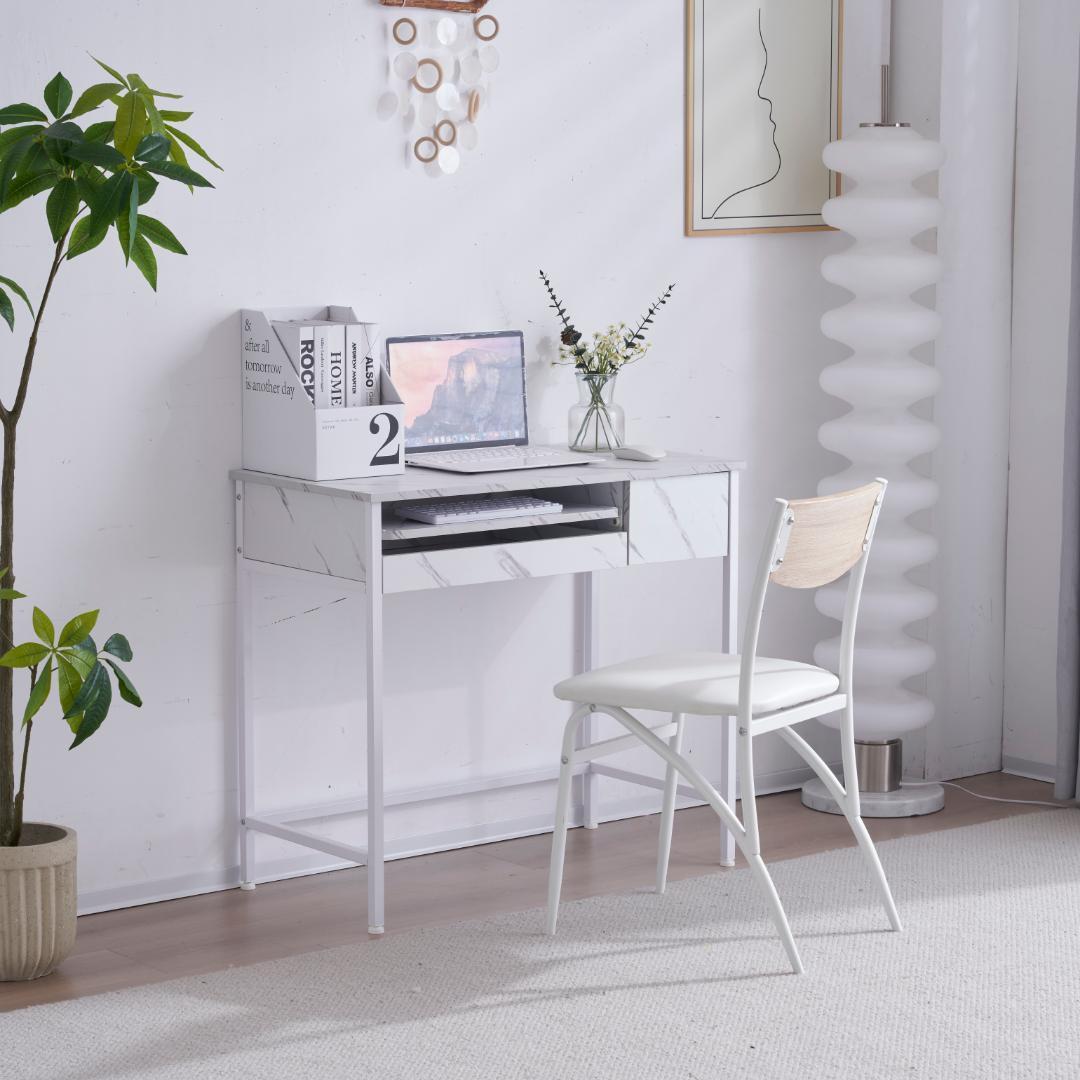 【ホワイト】パソコンデスク引き出し付き 収納台 pcデスク 机 大理石柄おしゃれ