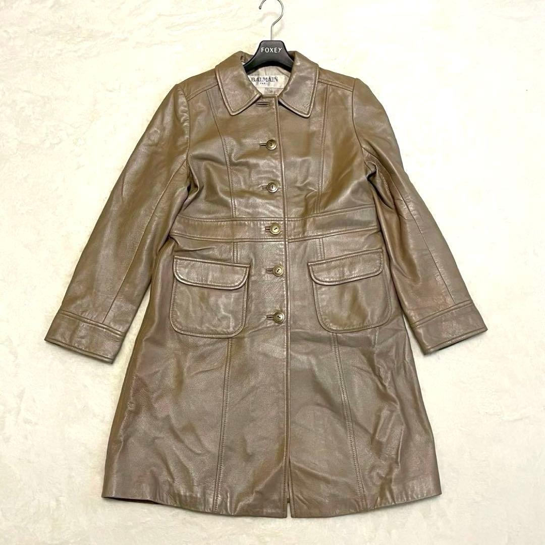 BALMAIN バルマン ラムレザー 羊革 Aライン ロングコート 金ボタン L