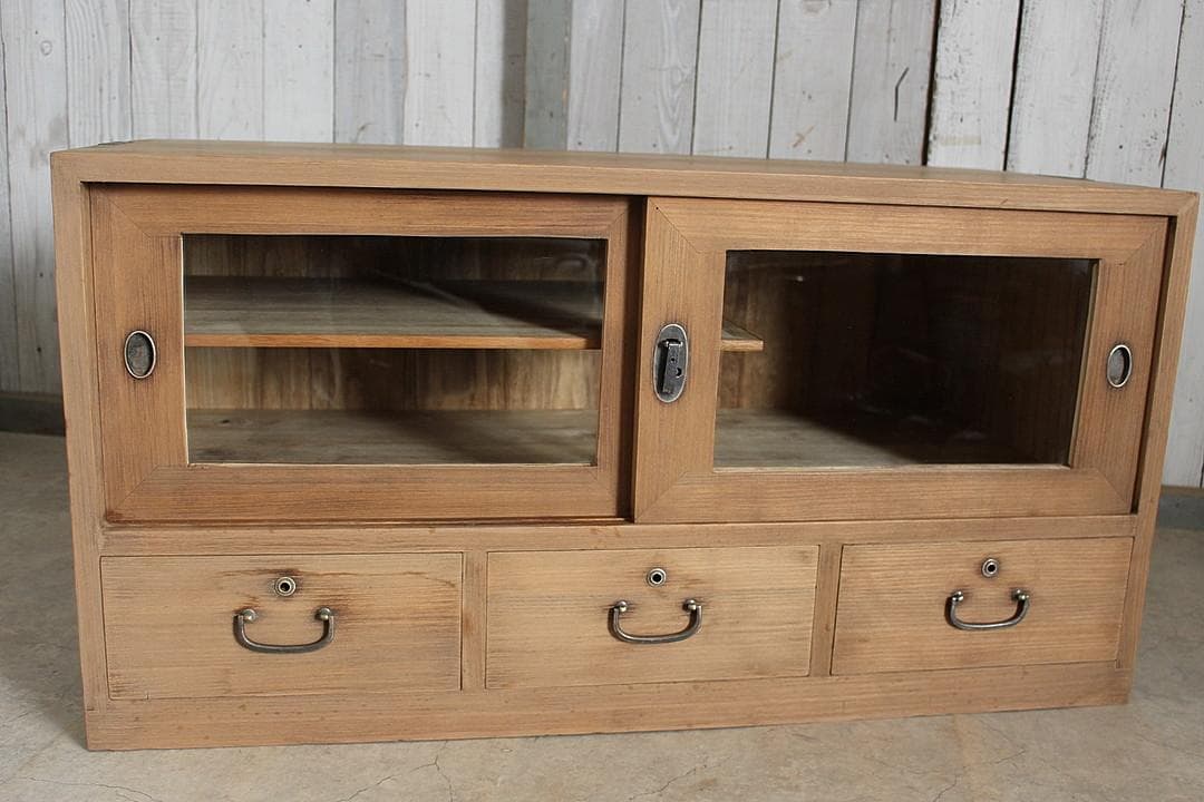 古いガラス戸棚×木製小引き出し3杯　ローチェスト　ローボード　古家具