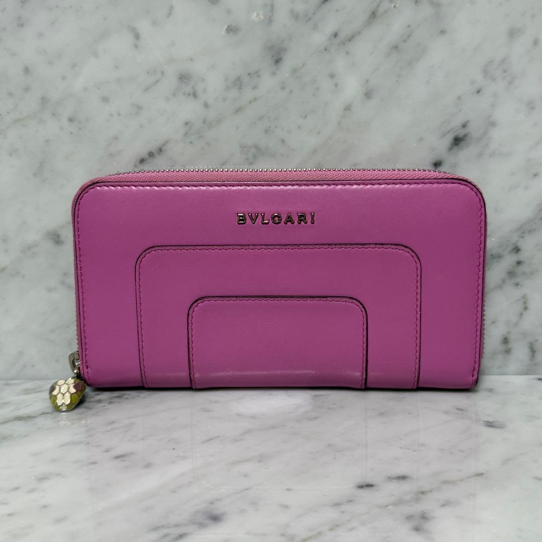 BVLGARI ブルガリ 長財布 本革 ピンク セルペンティ ラウンドジップ