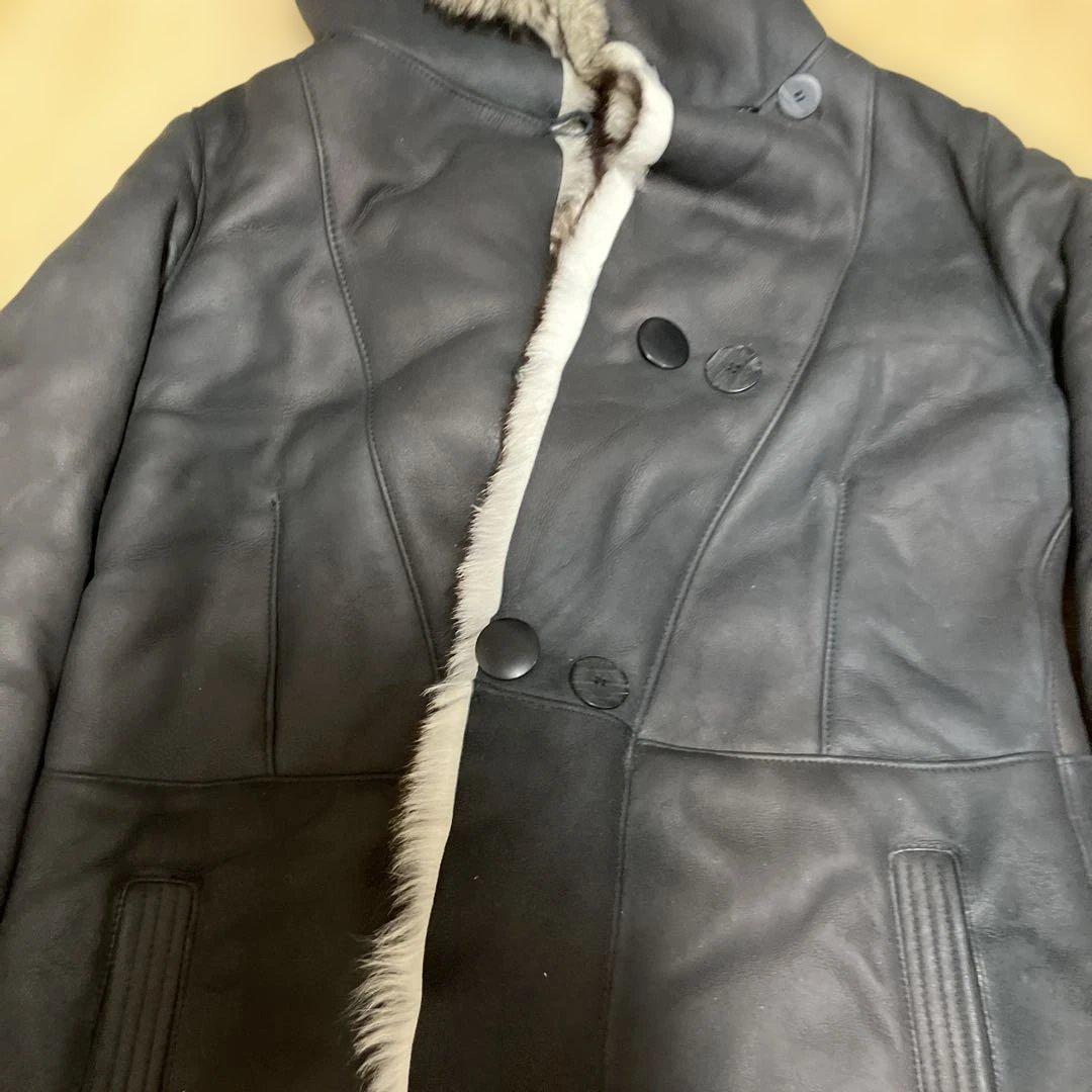 黒いレザーコート ファー付きフード　40
