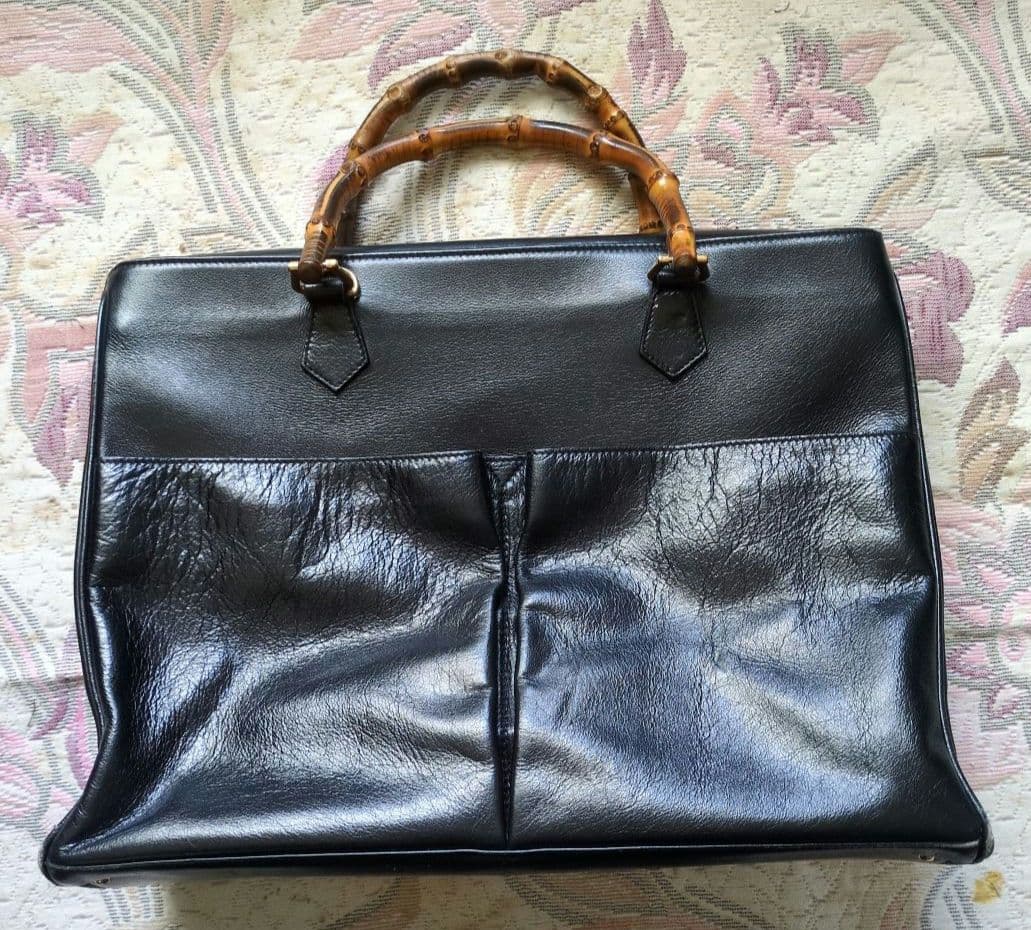 GUCCI 黒 レザー ビジネスバッグ バンブーハンドル