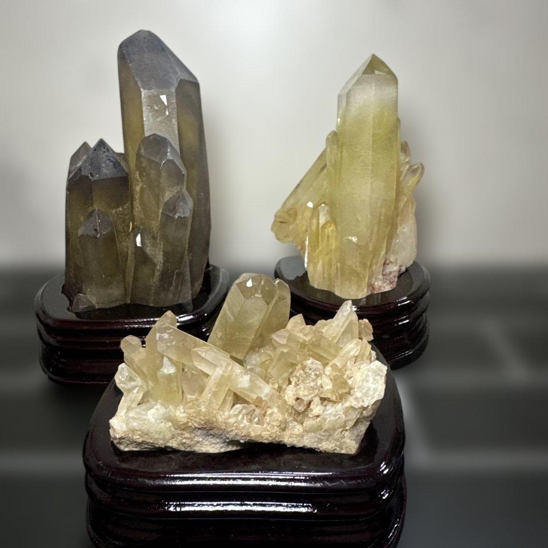 シトリン／スモーキシトリン原石 3点セット 台座付