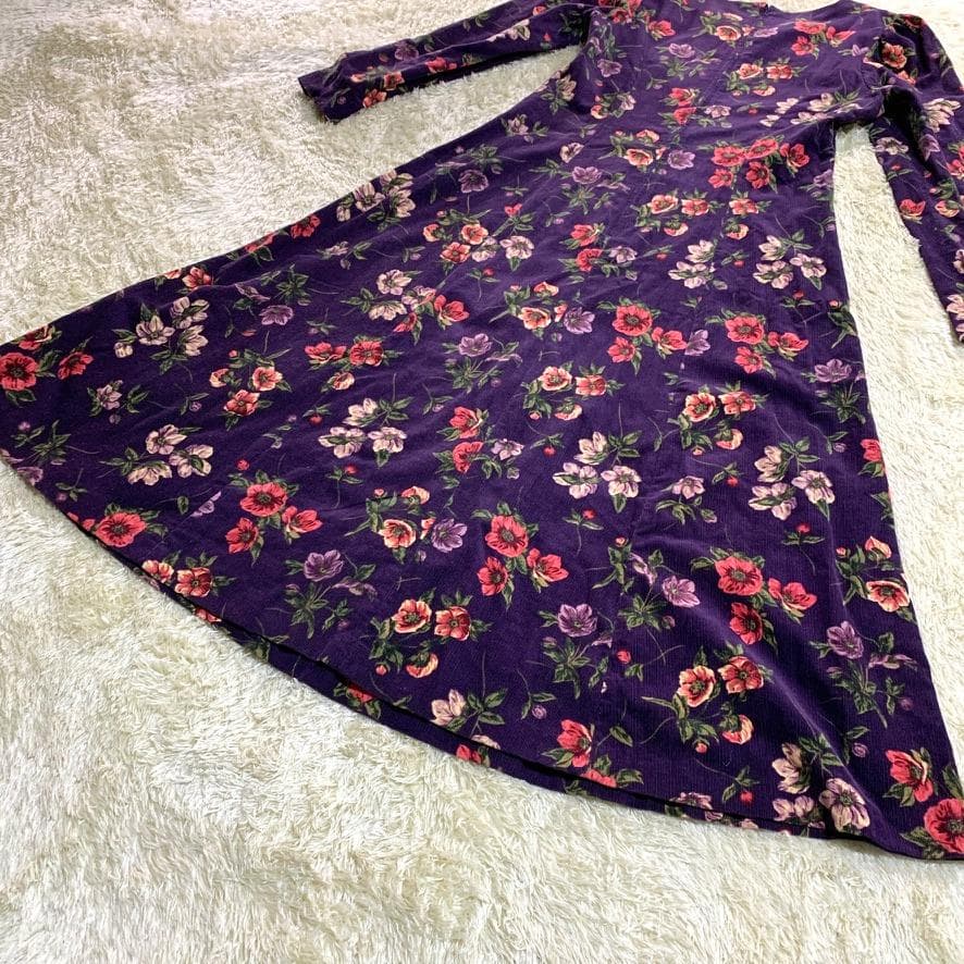 ローラアシュレイ 長袖ロングワンピース ベロア 花柄 パフスリーブ Aライン 紫