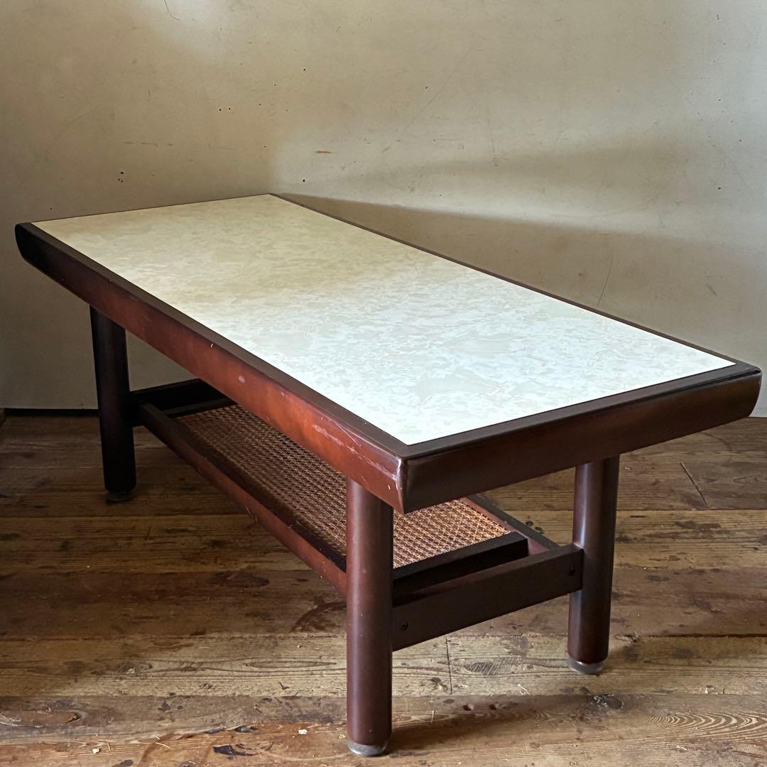 オールドカリモク ヴィンテージ センターテーブル マーブル ラタン レトロ