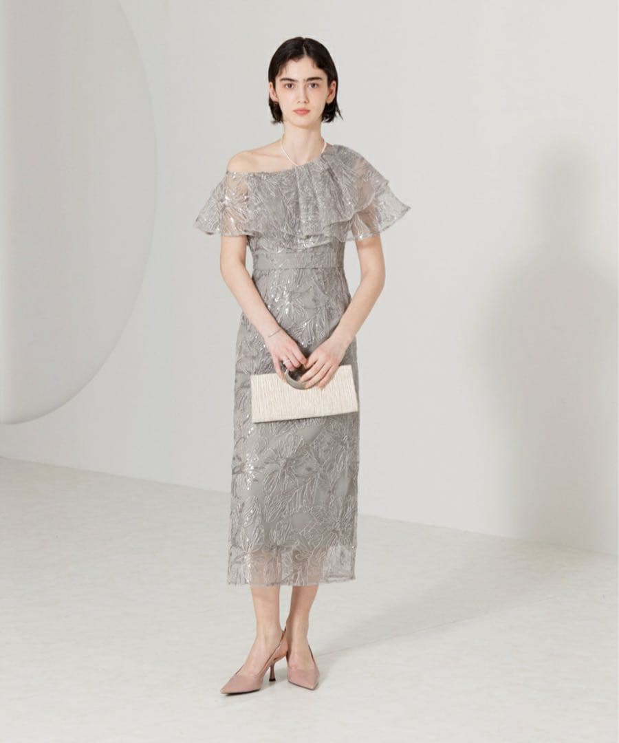 LEJA フリルオフショルダースパンコールウェストマークスリット ドレス