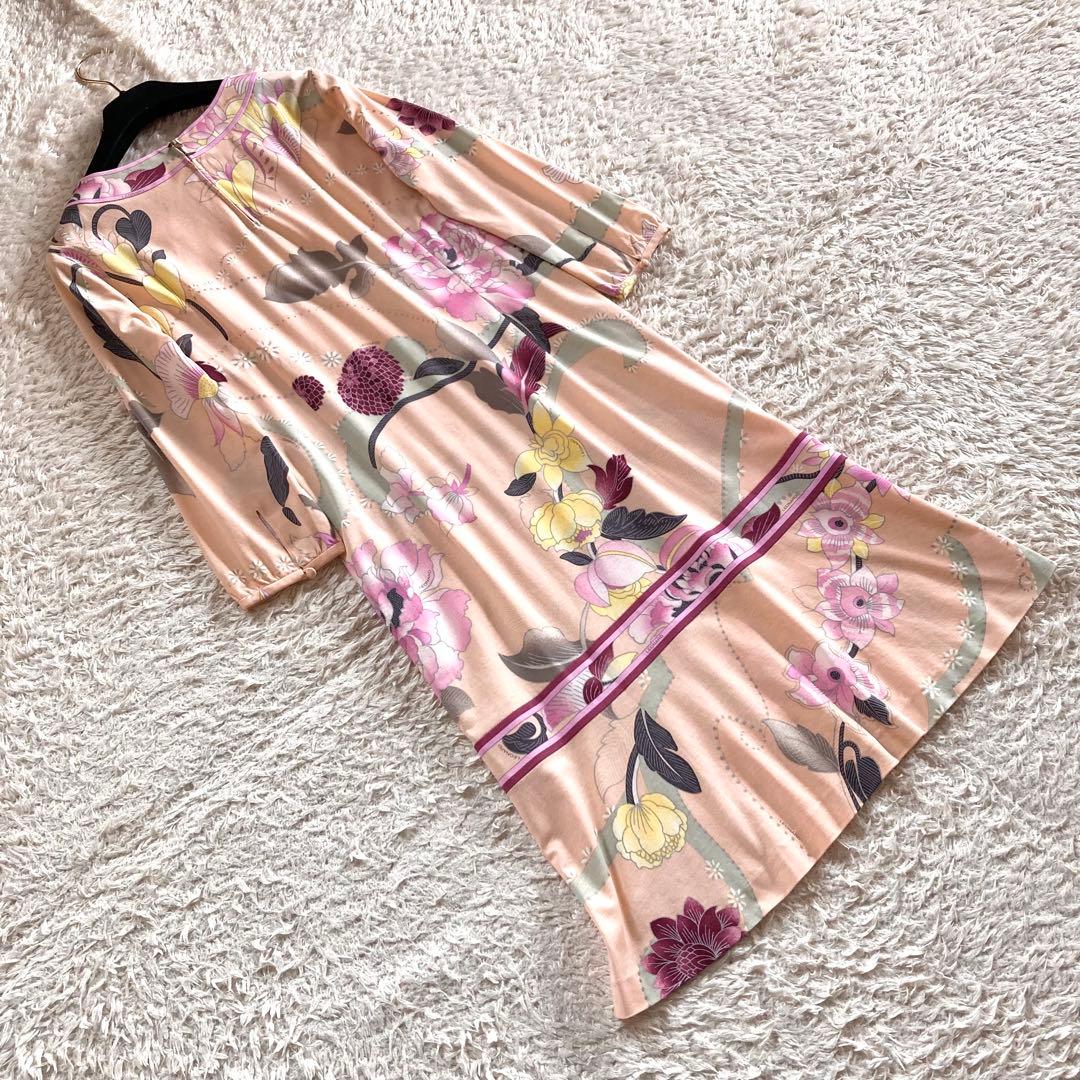 【極美品】レオナール ボタニカルワンピース フラワートリム 花柄 Aライン