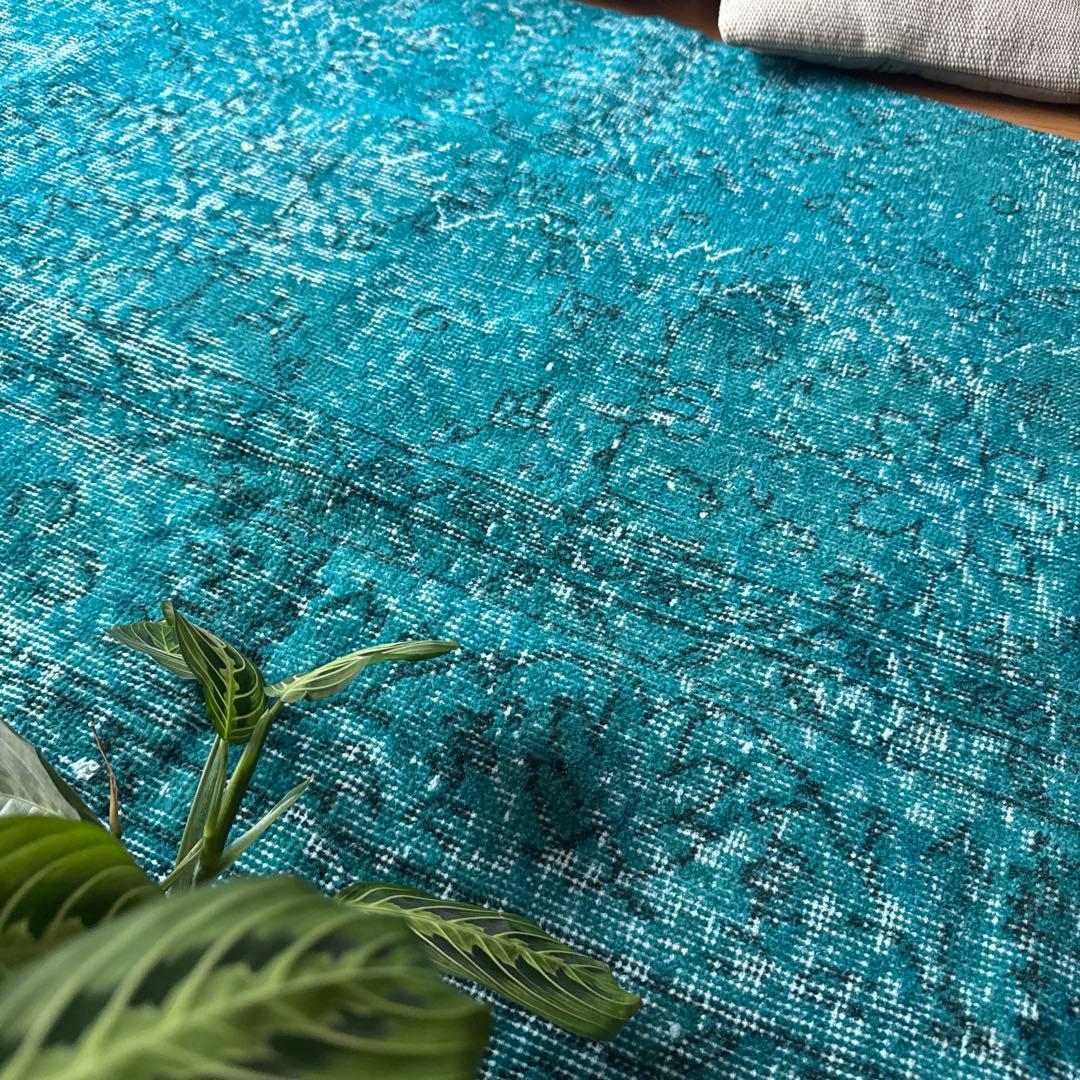 84×152ブルーグリーン　ボタニカルオーバーダイ　トルコヴィンテージラグ