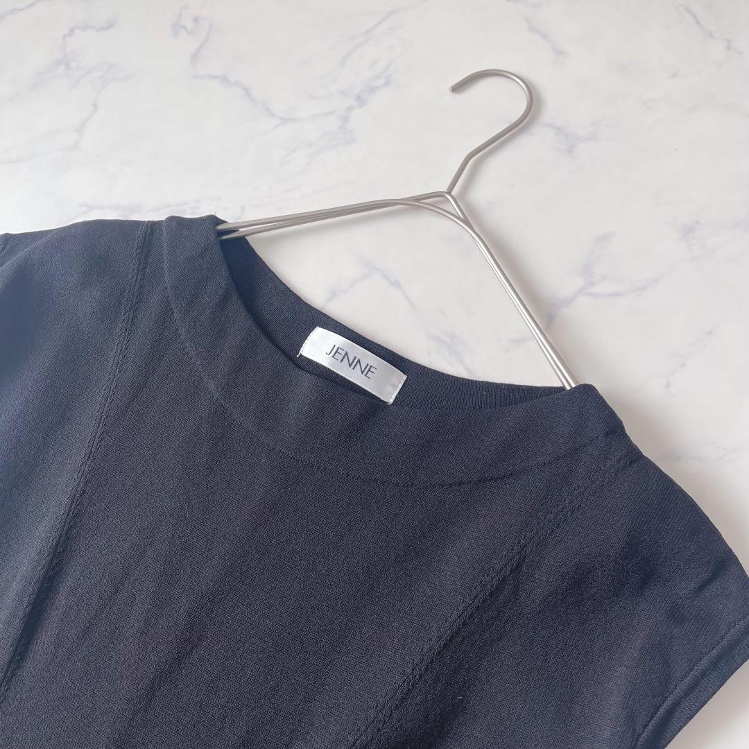 【美品】JENNE フレンチスリーブ ニット フレア ロングワンピース 黒 M