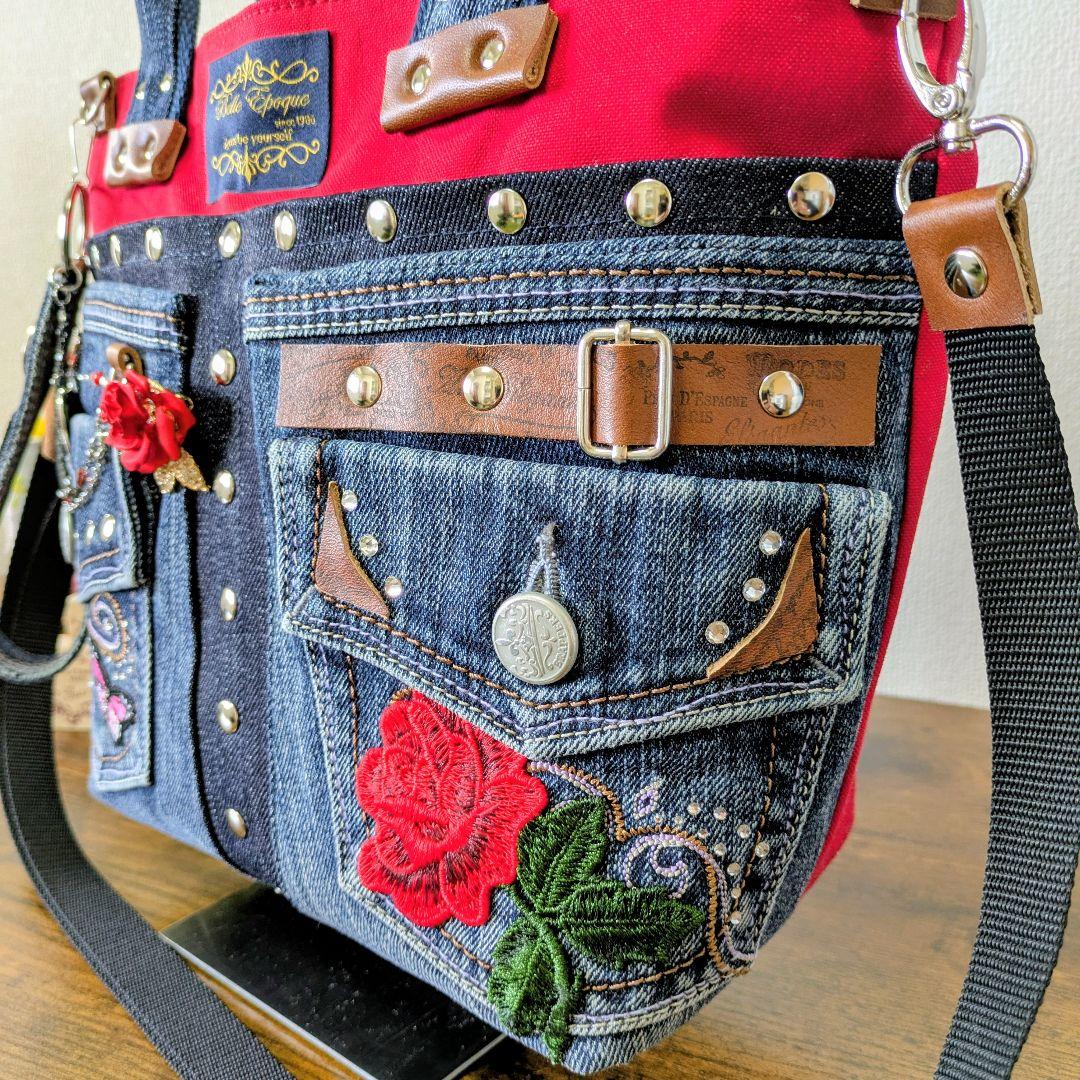 デニムリメイク 2wayトート｜薔薇×バタフライ刺繍・ポケットたくさん・底鋲付き