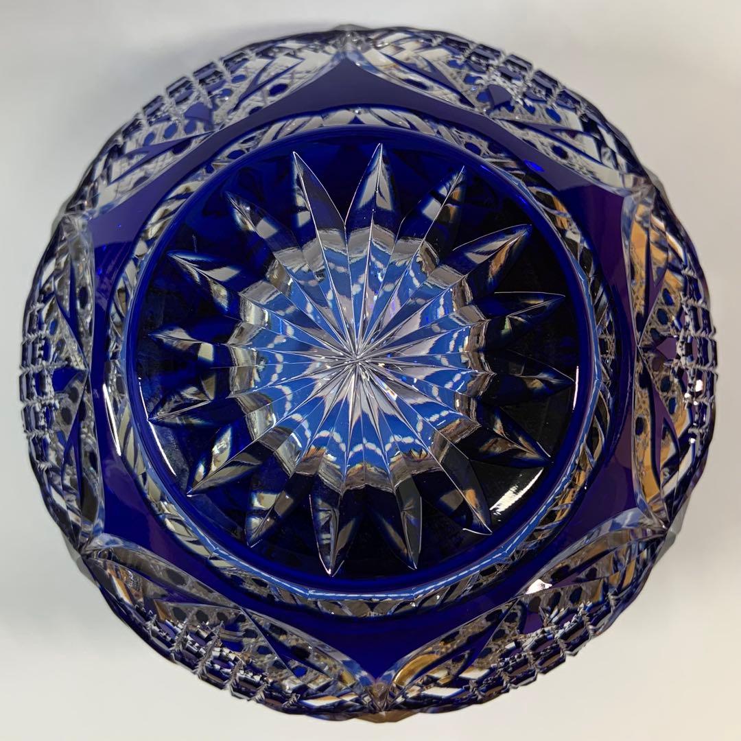 【未使用】カガミクリスタル 江戸切子 花瓶 伝統工芸士木村秋男氏デザイン 青色