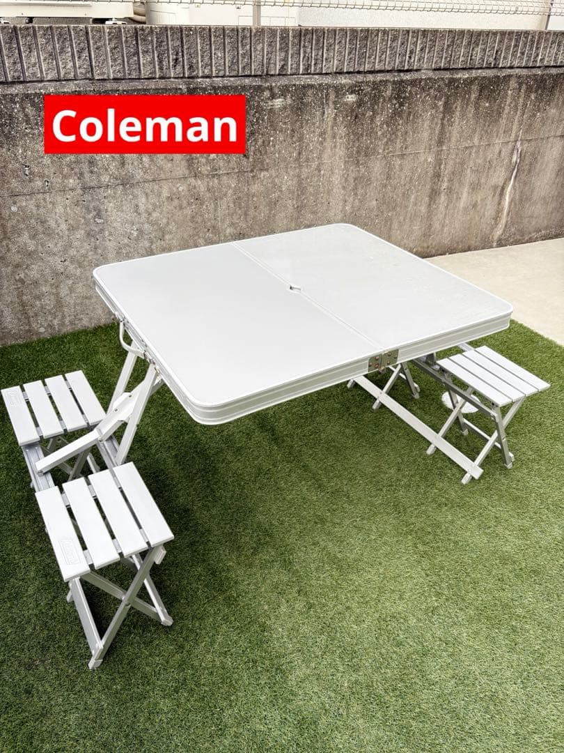 廃盤希少品Coleman折り畳み アルミピクニックテーブル コールマン イス付き