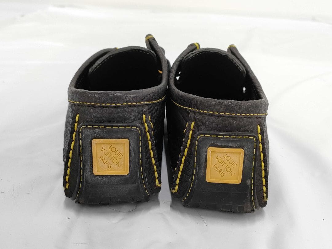 ルイヴィトン レザー ドライビングシューズ 7.5 黒×イエローステッチ メンズ