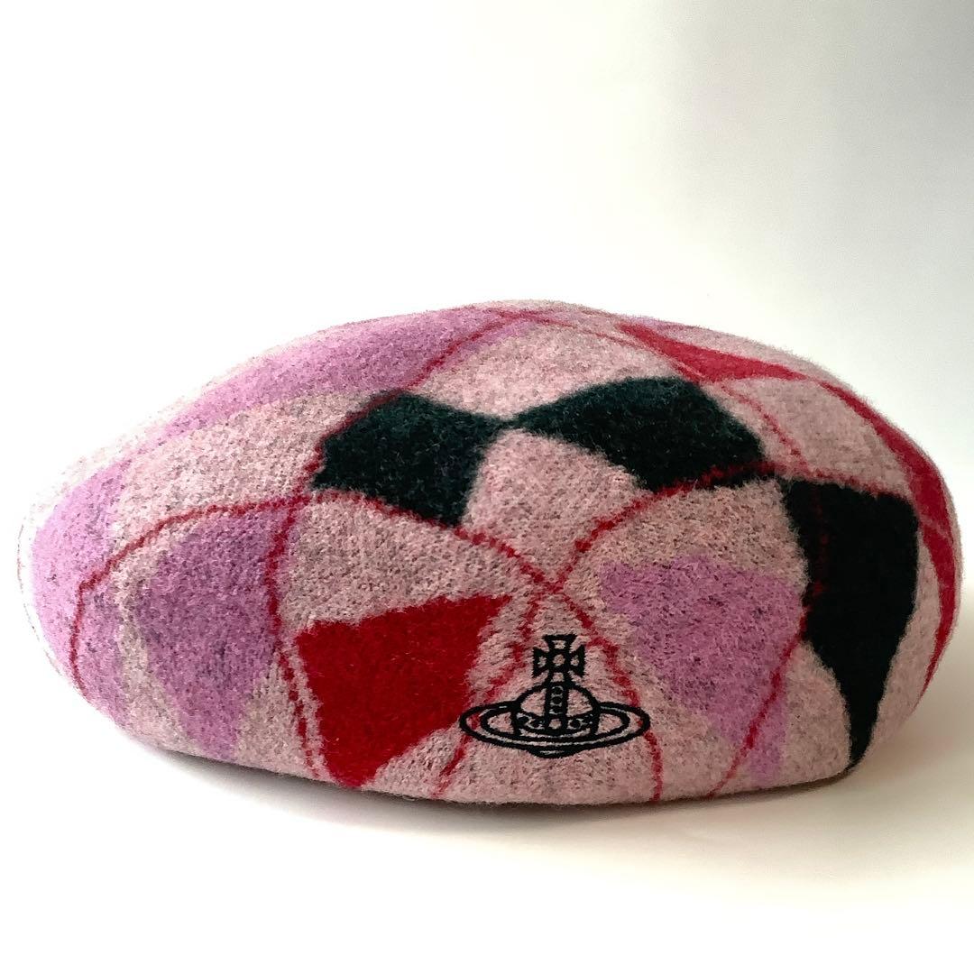 新品★ヴィヴィアンウエストウッド★ハーレクインチェック柄バスクベレー帽★ピンク系