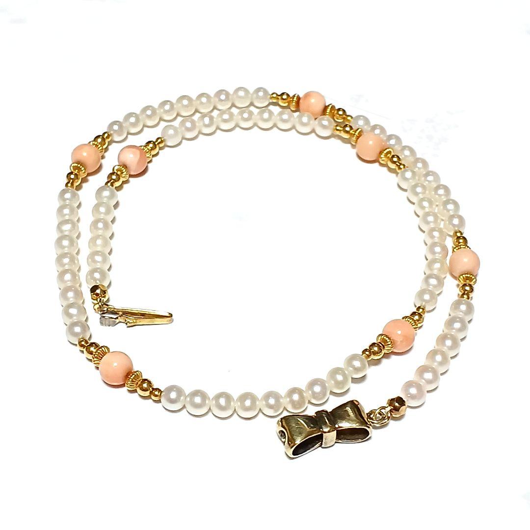 値下げ不可　あこや真珠　ベビーパール　珊瑚　リボン　ネックレス　シルバー