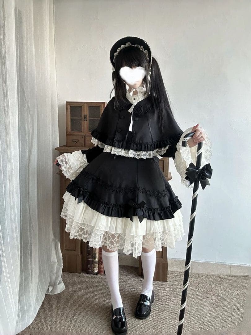 ゴスロリ ロリータ ワンピース マントポンチョ付き ブラック系 ドレス