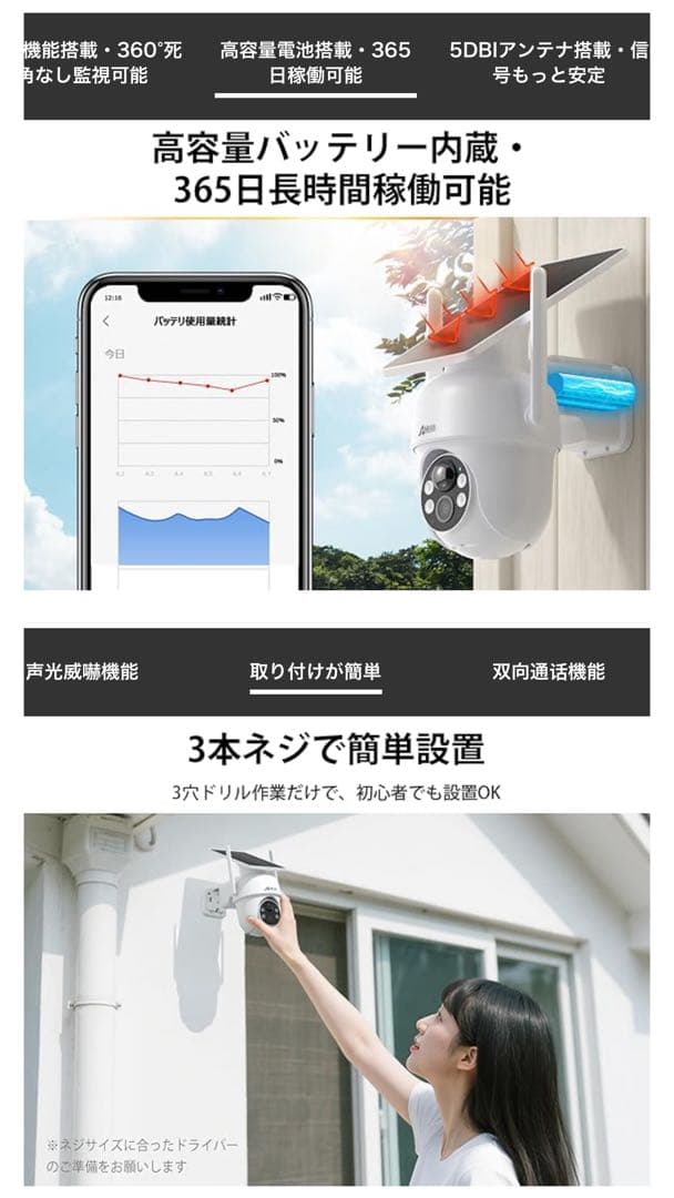 新品 2個セット ANRAN 防犯カメラ 屋外 ソーラー 暗視 360° 全方位