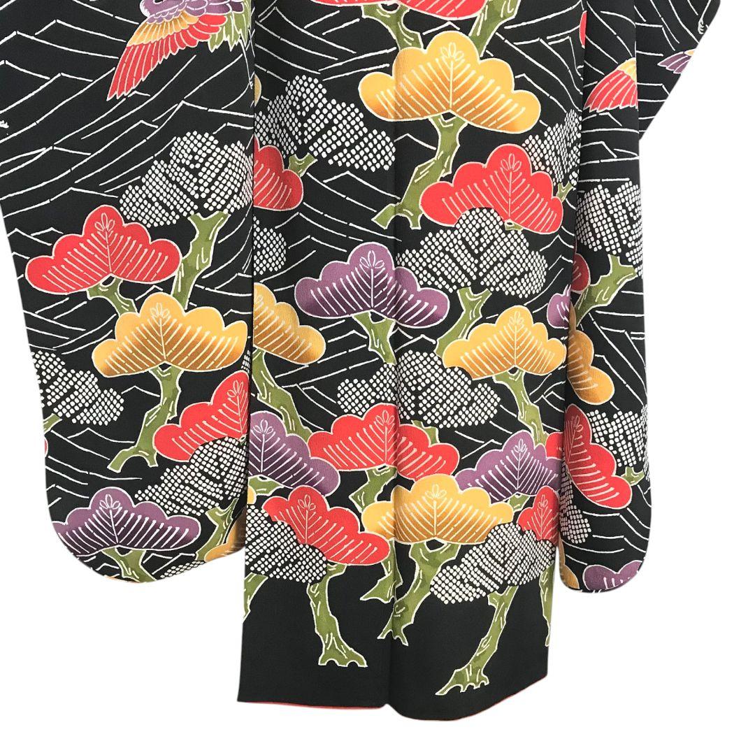 【振袖セット】松に鶴模様　黒地　6点セット　正絹　成人式　美品　アンティーク