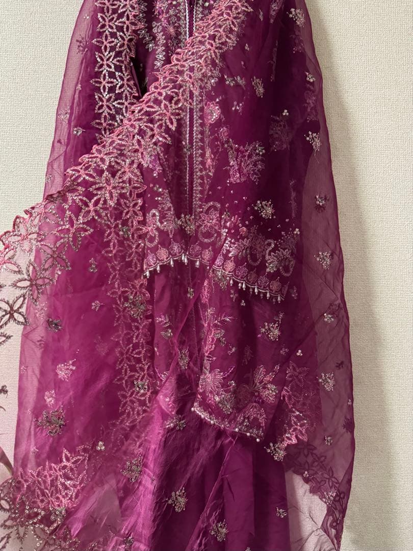 [B-23]プラムボルドー✨シルク刺繍クルタ×フレアチューリップパンツ3点セット