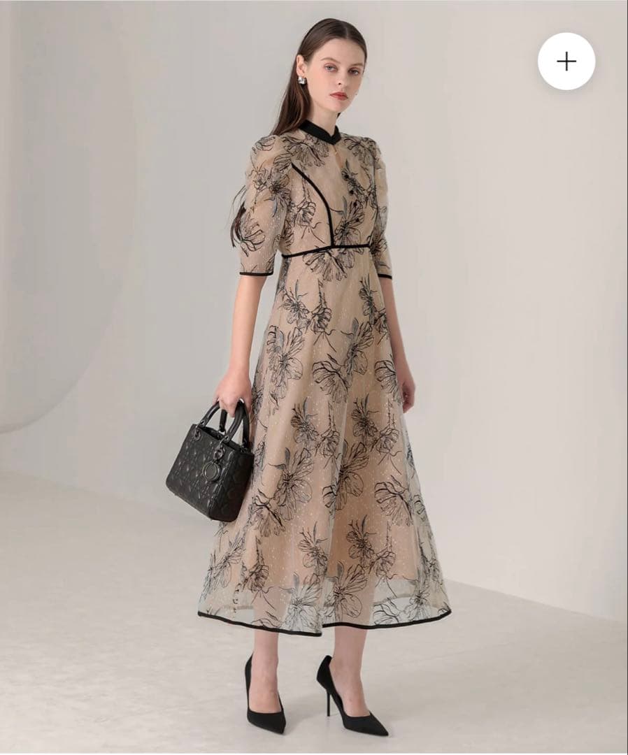 yuu Leja パイピングハイネック花柄ラメレースワンピースドレス オケ