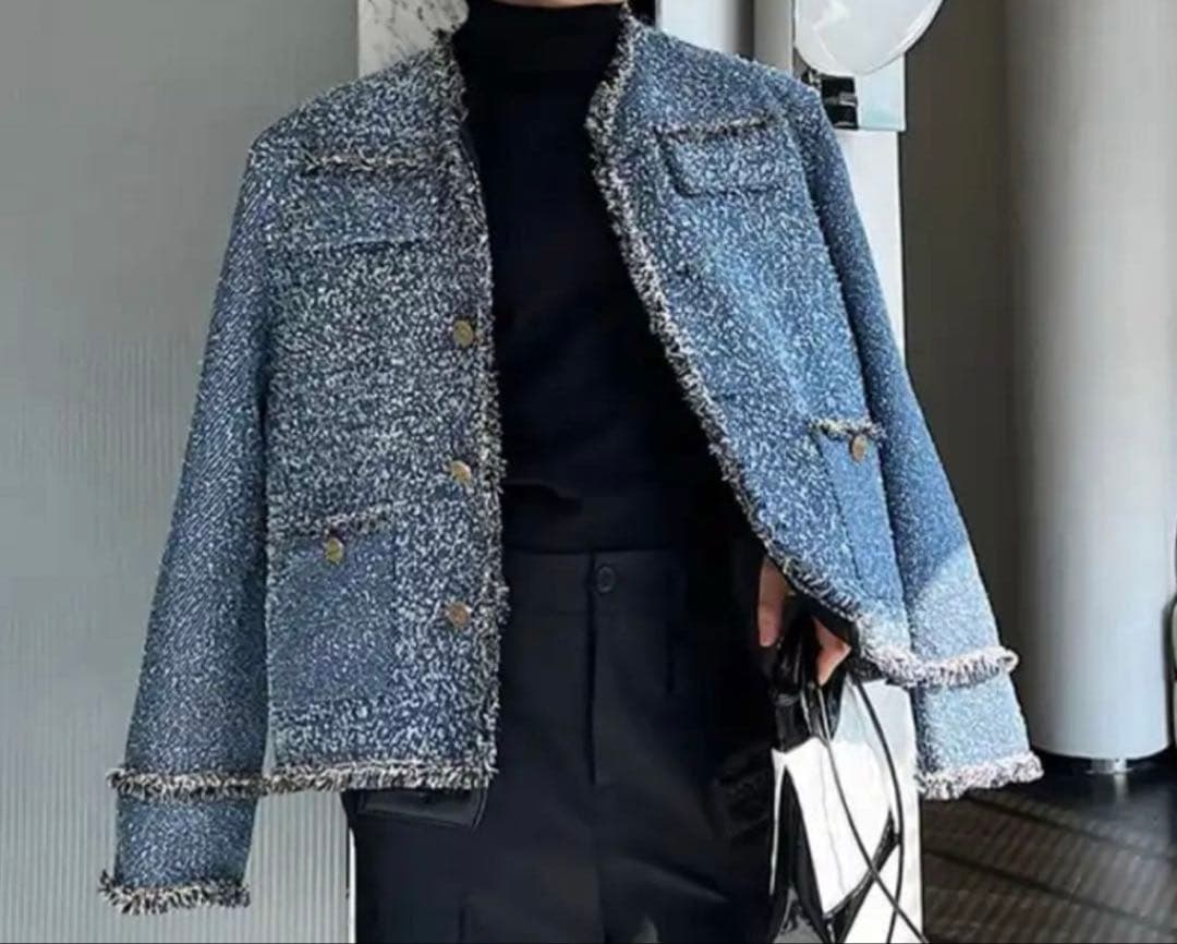 韓国風 メンズ デザインブルーツイードジャケットalude
