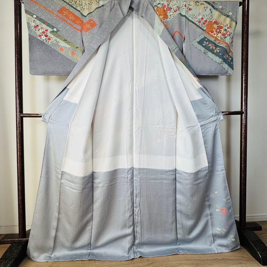 超美品　正絹　現代　訪問着　着物　膨れ織　グレー　オレンジ　トール　174裄70
