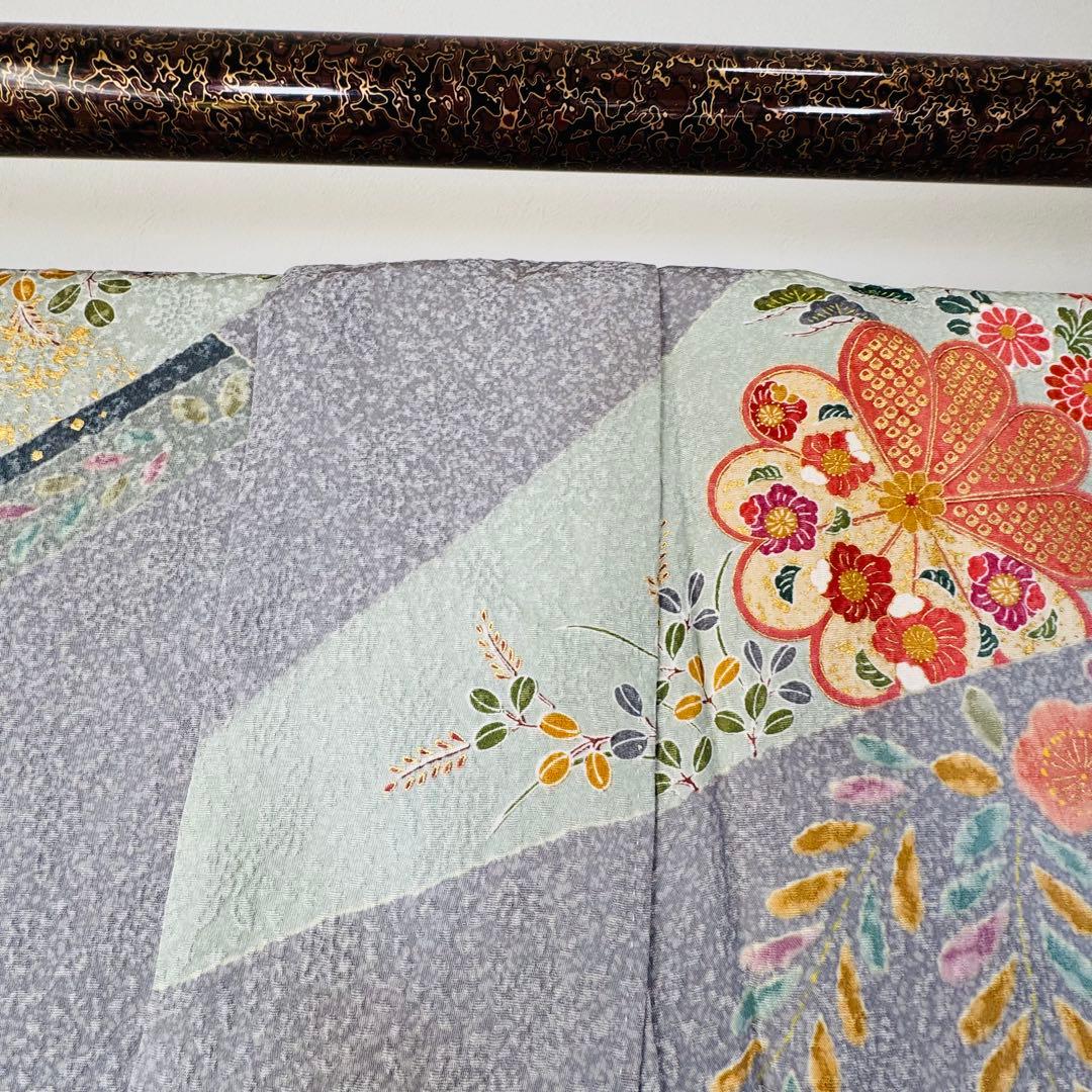 超美品　正絹　現代　訪問着　着物　膨れ織　グレー　オレンジ　トール　174裄70