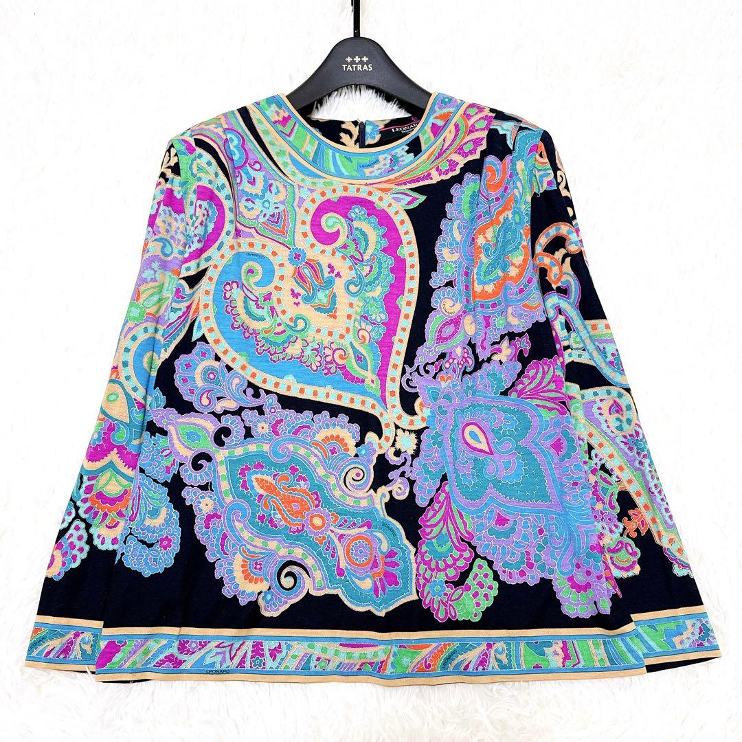 レオナール　カットソー　大きいサイズLL ペイズリー　トリム　ブラック　シルク混