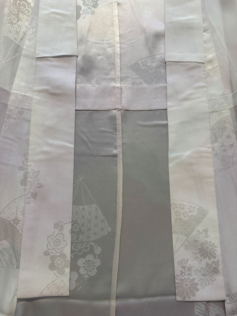 J51 新品正絹単衣長襦袢　無双袖　薄紫　半衿＆衣紋抜き付き　扇に花丸紋模様
