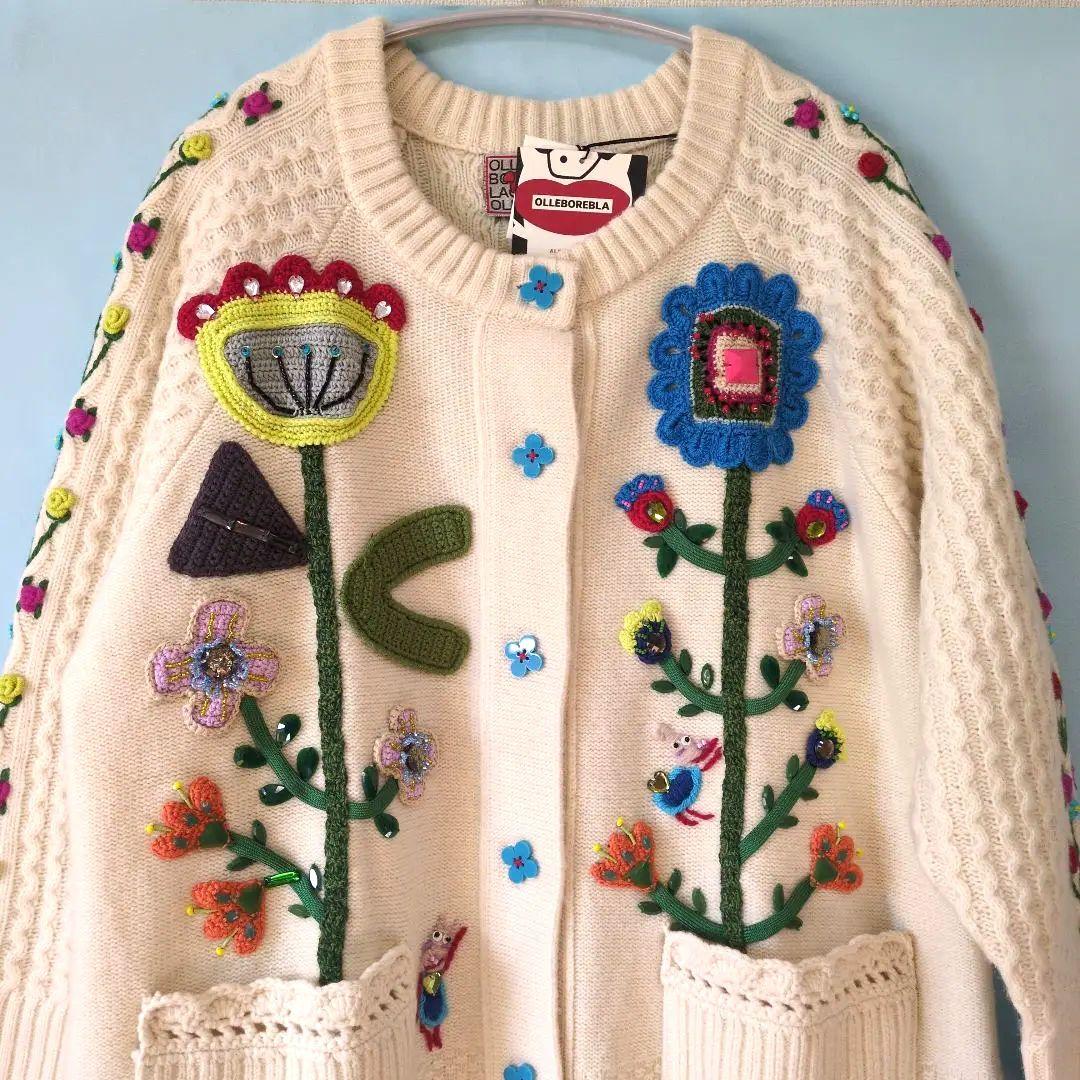 専用です。 アルベロベロ♥️ぶたさん花ビジュ刺繍 ウールロングカーディガン