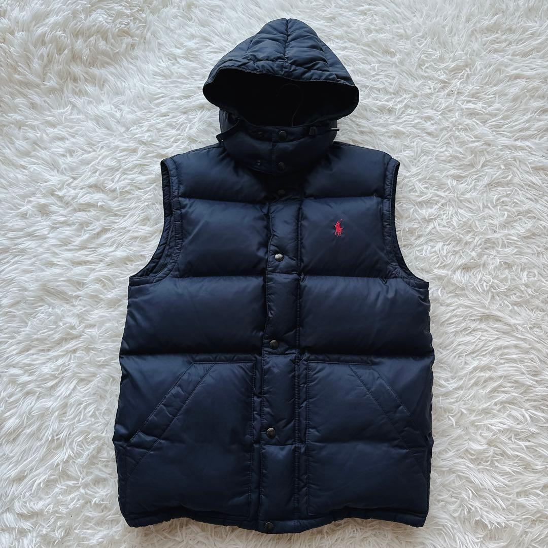 ポロバイラルフローレン 肉厚ダウンベスト レッドポニー刺繍 フード取り外し可