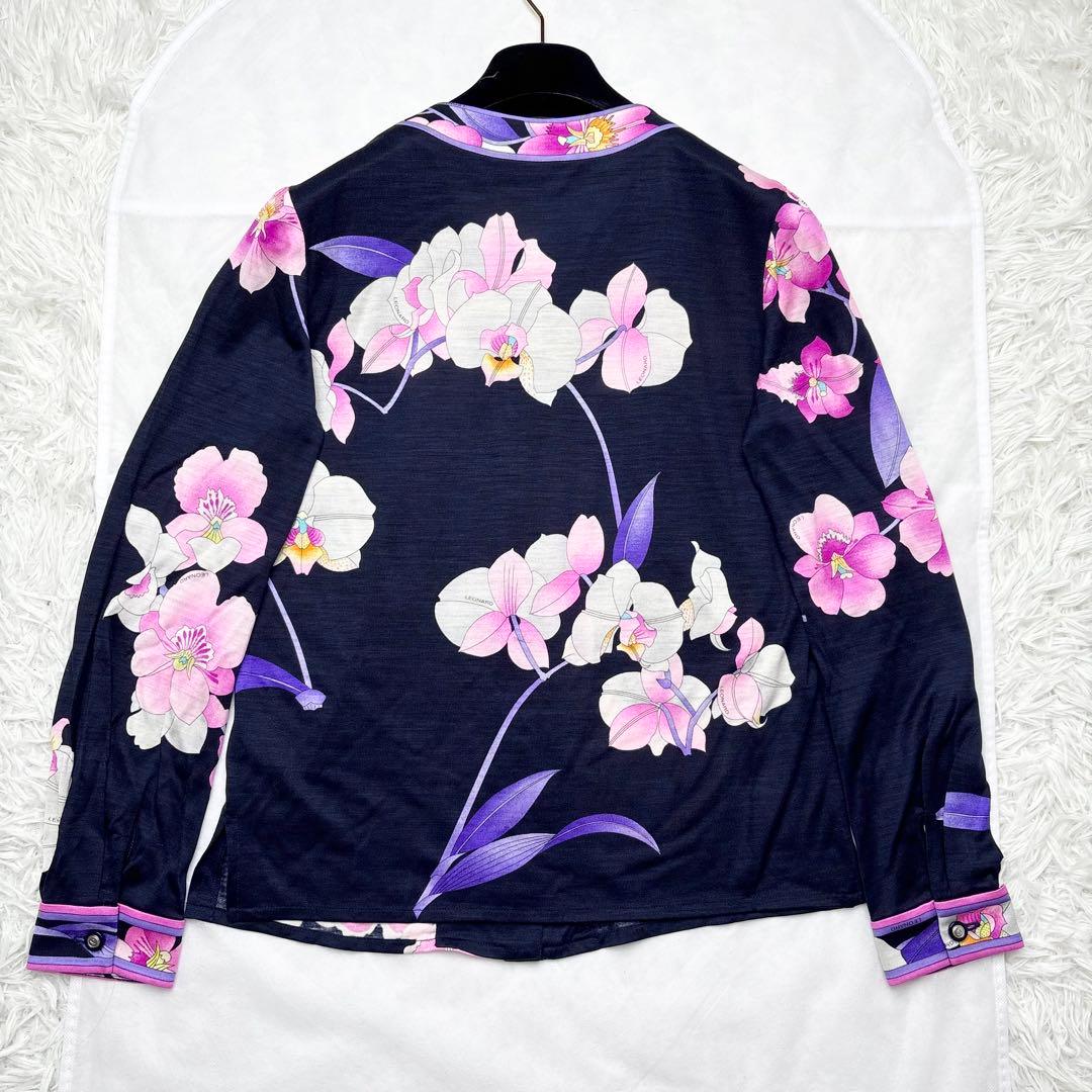 レオナール シルク混 ボウタイ花柄ブラウス トリム 長袖 比翼ボタン 胡蝶蘭 L