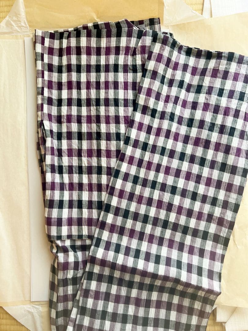 【値下げ】紫と黒と白の格子柄 浴衣　近江ちぢみ　綿麻　藤工房