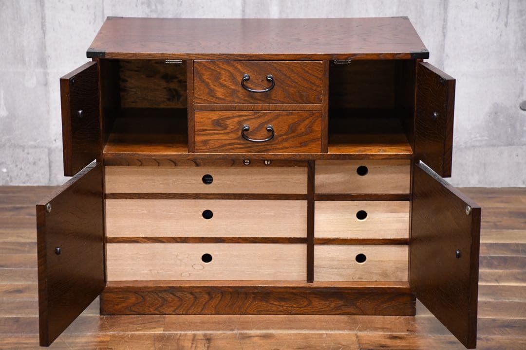 EFK22 民芸家具調 からくり箪笥 金庫付き 隠し抽斗 ケヤキ/欅杢目 小箪笥