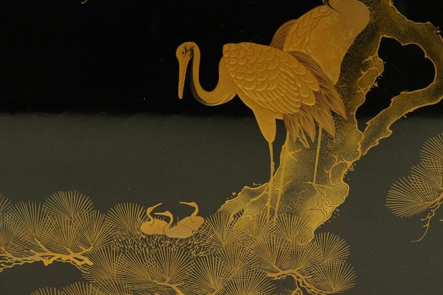 松上鶴蒔絵 四方盆 時代物(A981)