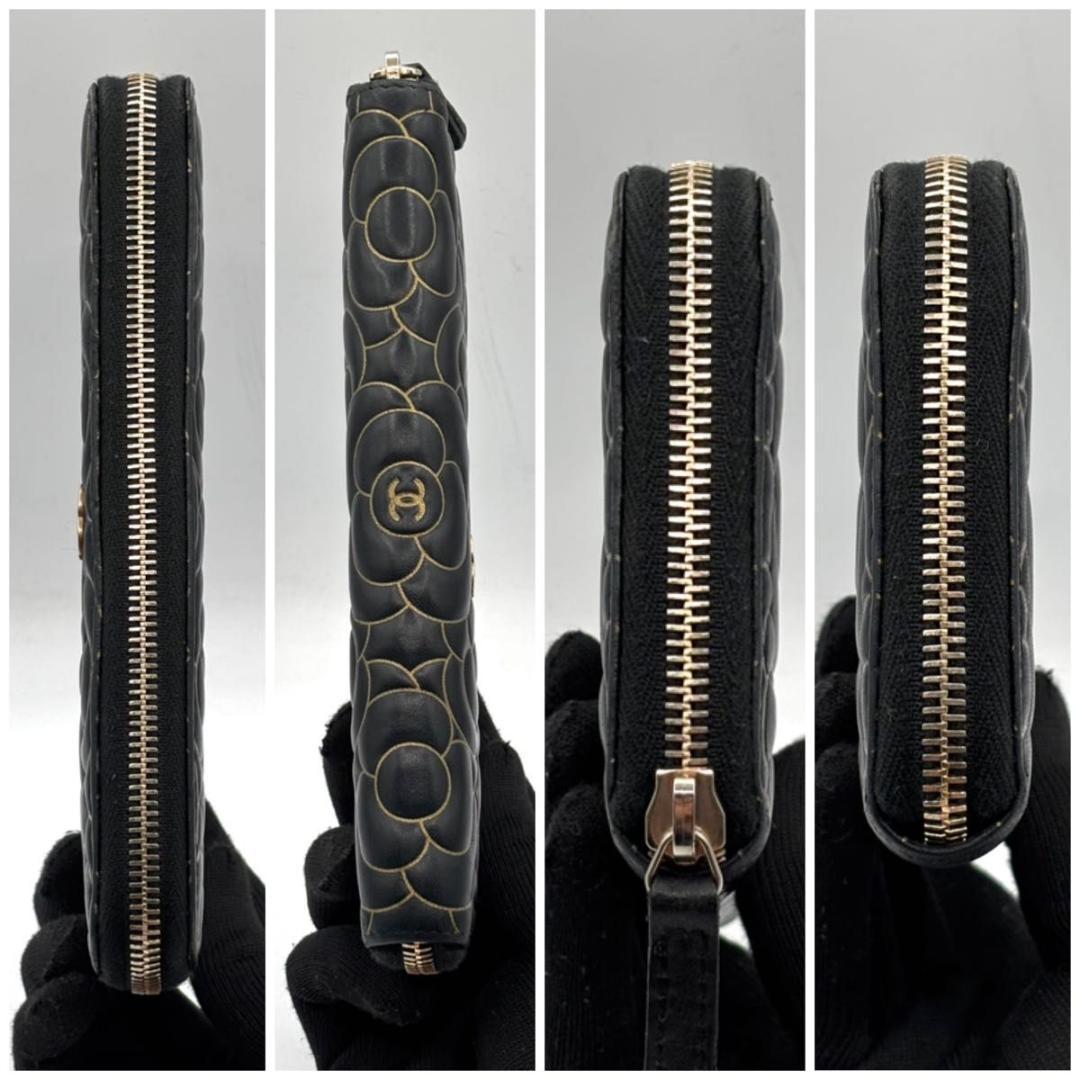 希少 シャネル 箱袋付き カメリア ラウンドファスナー 長財布 黒 ゴールド