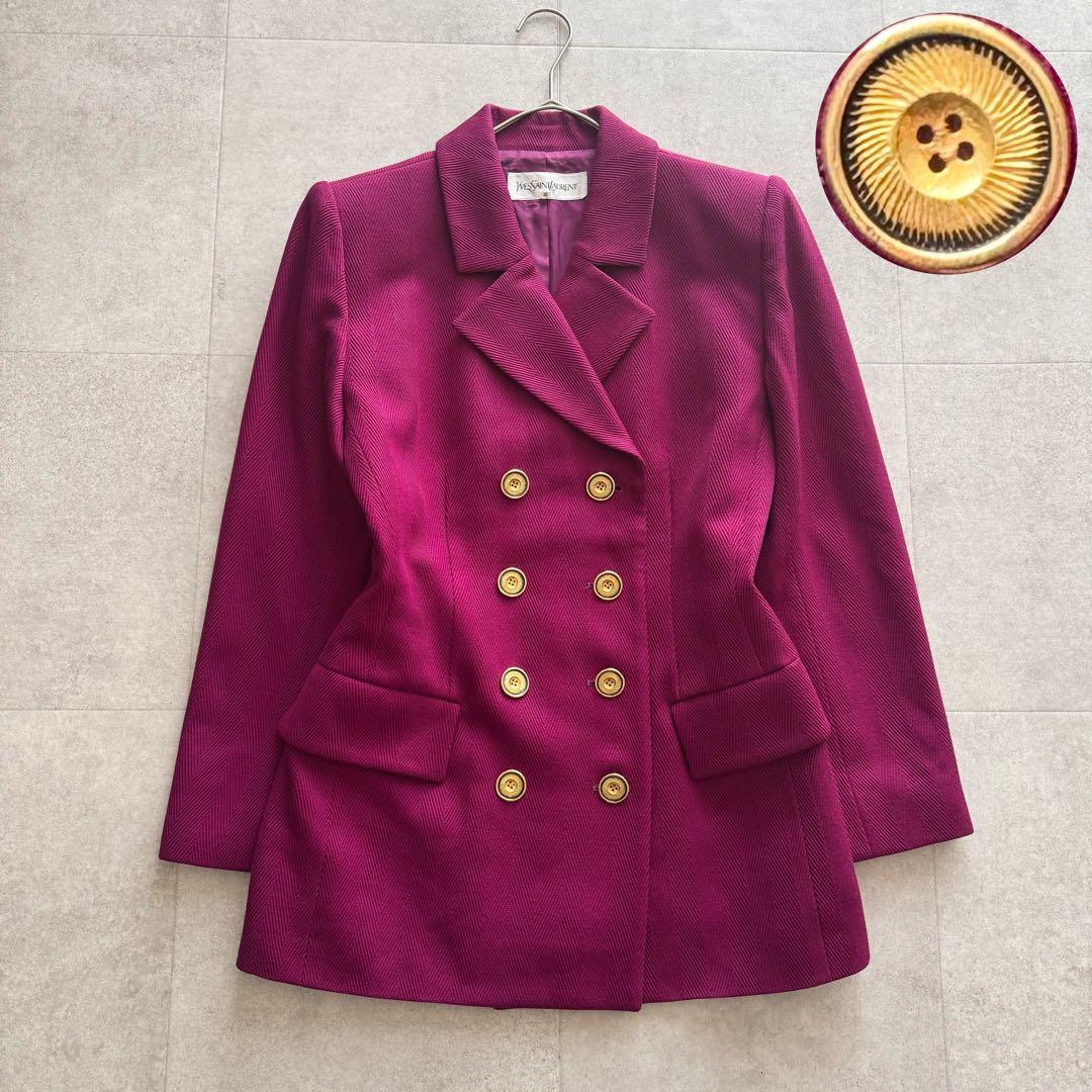 イヴサンローラン　テーラードジャケット　金ボタン　ダブル　紫　36　ヘリンボーン
