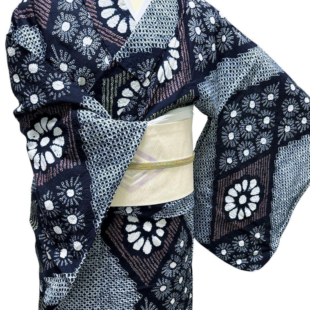 A67有松鳴海絞り 高級浴衣 花 綿　単衣