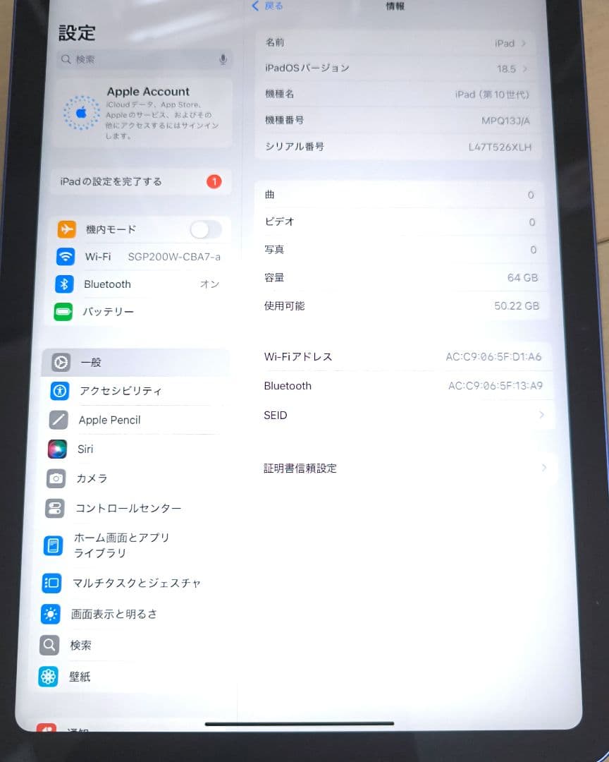 iPad　第10世代　64GB　Wi-Fiモデル　ブルー