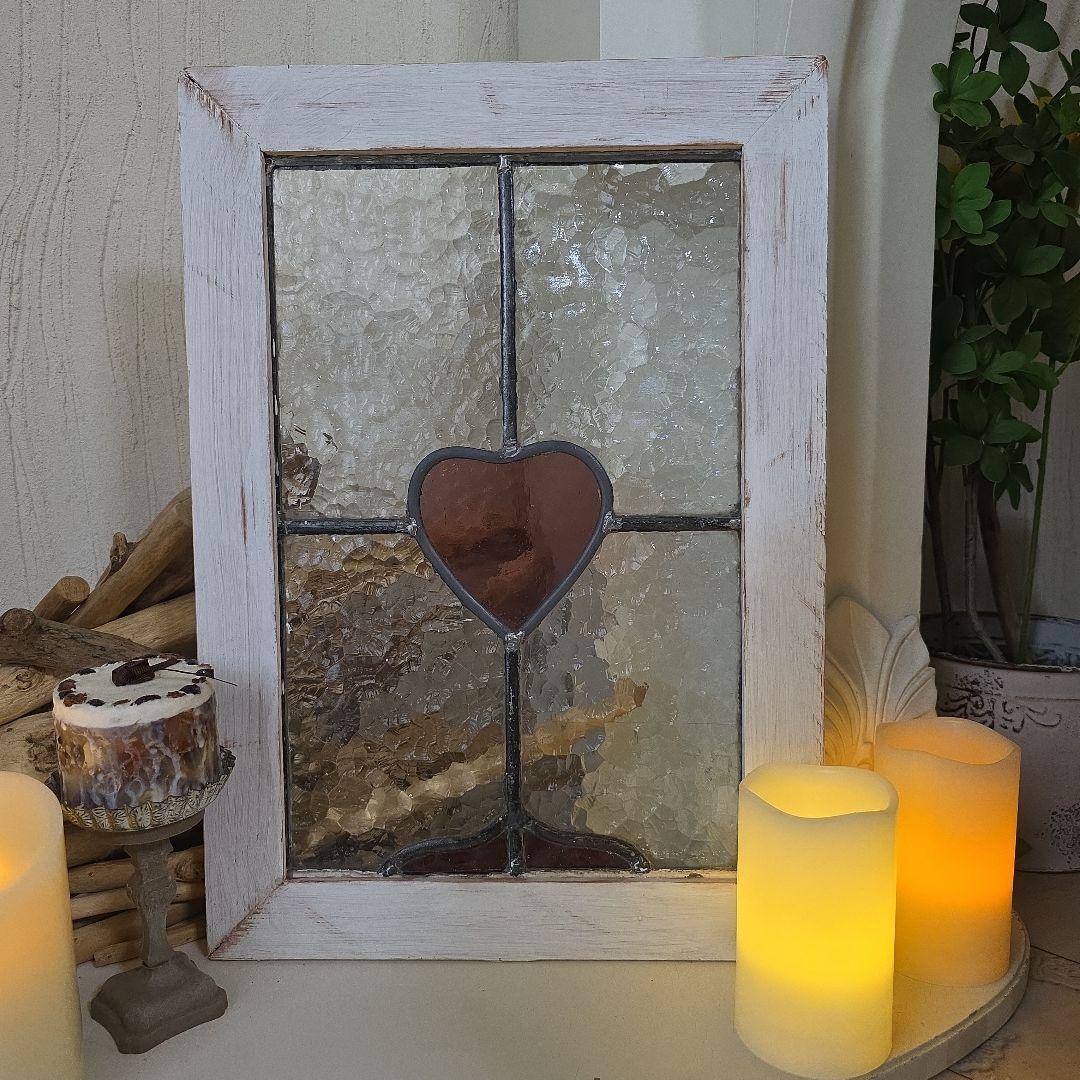 イギリスアンティーク　ステンドグラス　教会　波ガラス　ハート模様