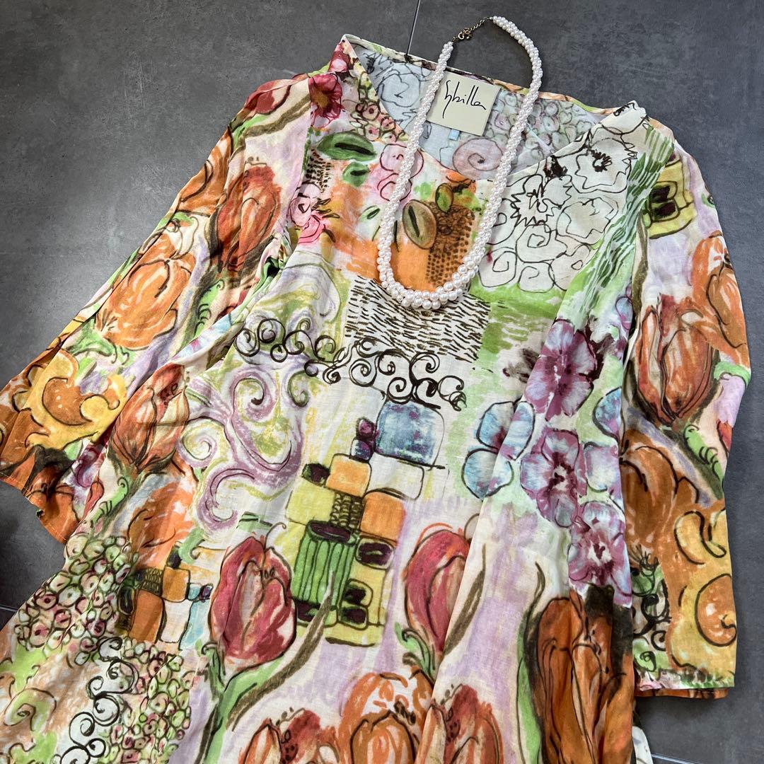 激レア♡Sybilla シビラ絵画総柄　コットン チュニック ワンピース ⑤