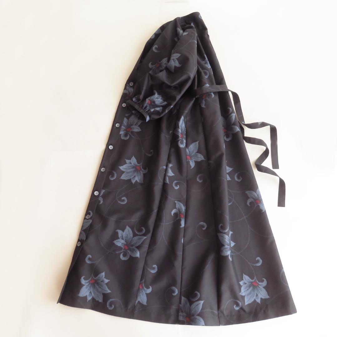 着物リメイク　正絹紬　シャツワンピース　マキシ　ロング　バルーン　パフスリーブ