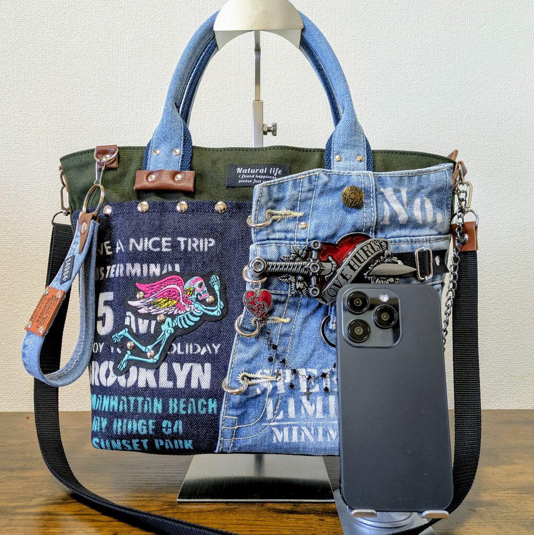 一点物｜デニムリメイク 2wayトート｜ポケットたくさん・ストラップ・底鋲付き