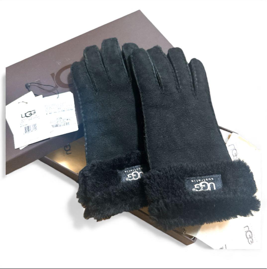 【UGG アグ】カフグローブ シープスキン ムートン手袋 S ロゴ レザー ボア