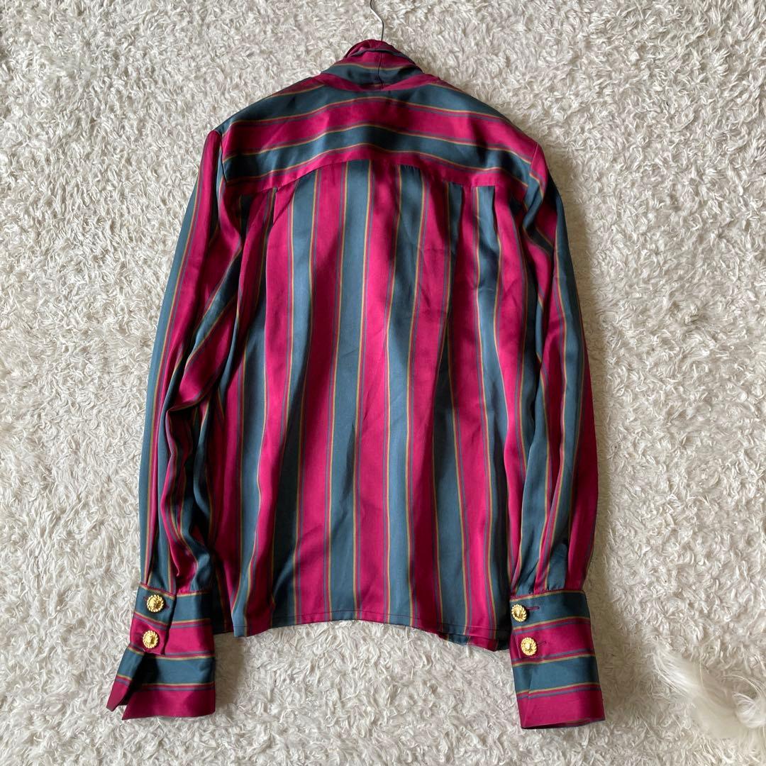 希少✨シルク100%セリーヌ　トリンオンフ金ボタン　ボウタイストライプ柄ブラウス