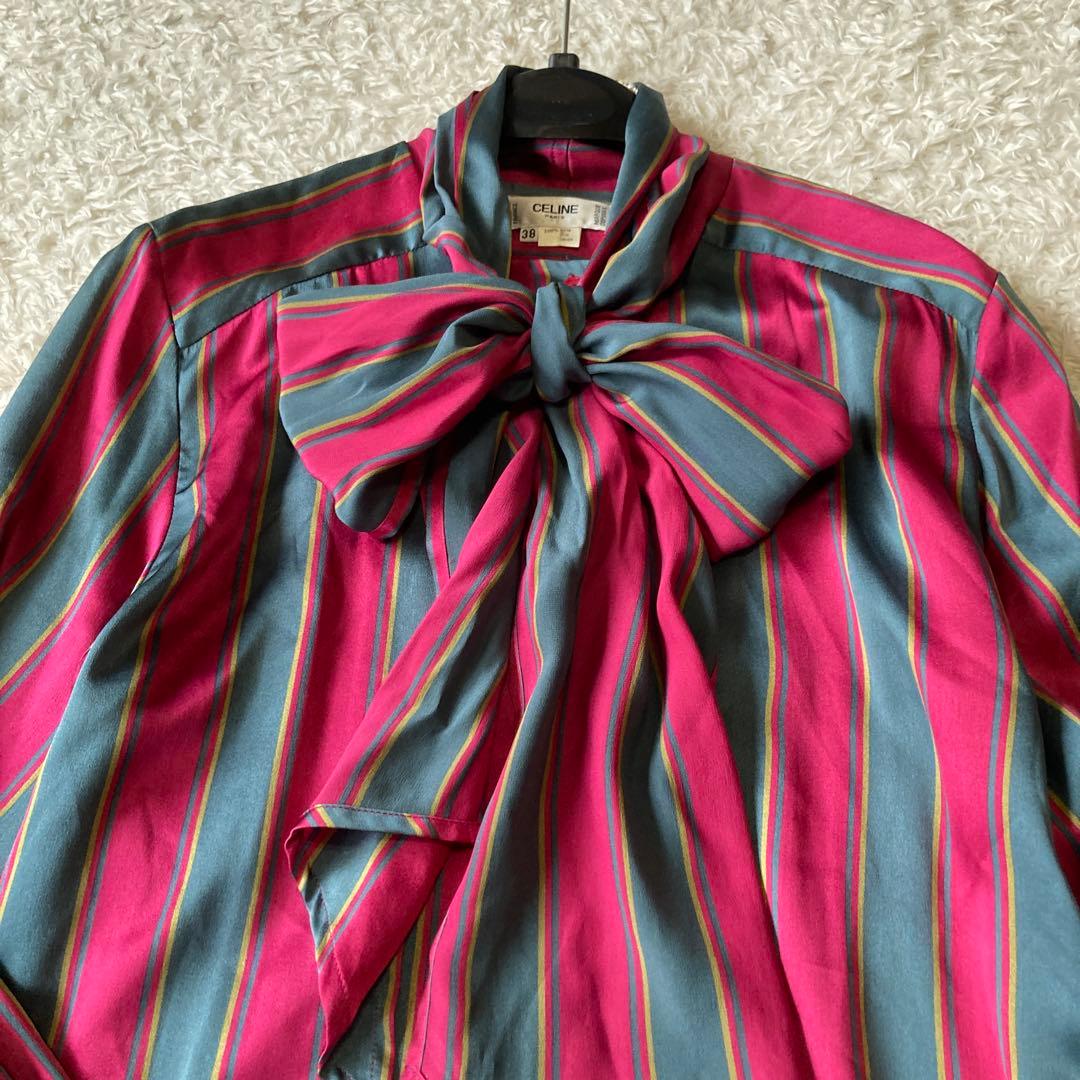 希少✨シルク100%セリーヌ　トリンオンフ金ボタン　ボウタイストライプ柄ブラウス