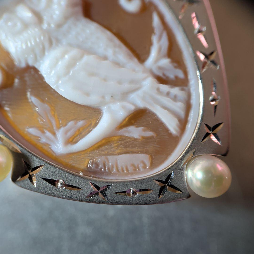 ブローチ　ペンダントトップ　2way　K18　K14　WG　シェルカメオ　真珠